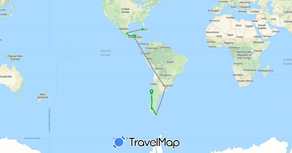 TravelMap itinerary: bus, plane in Argentina, Chile, Cuba, Guatemala, Mexico (North America, South America)